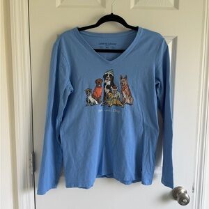 Life Is Good Long Sleeve Light Blue Women's Crusher Tee with Dog Graphic